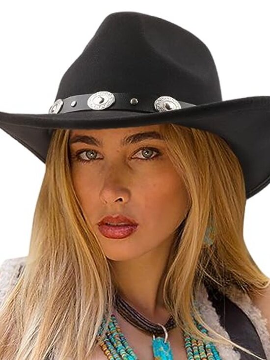 Accessories - Western Cowboy Hats for Women Classic Felt Wide Brim Fedora Hat with Belt